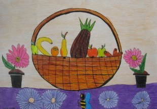 Mrtva priroda sa voćem i cvećem,crtež u boji-kombinovana tehnika(tanki crni flomaster i olovke u boji)